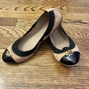 Tory Burch Jolie Cork Black Patent Gold Logo Ballet Flats Size 6.5